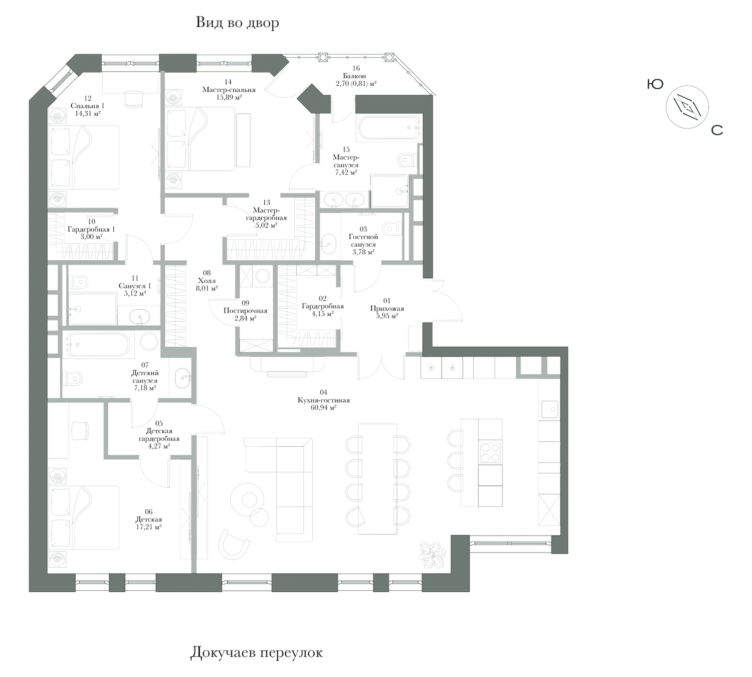 Планировка: резиденция № 1, 165,9 м², 3 спальни, 1 этаж