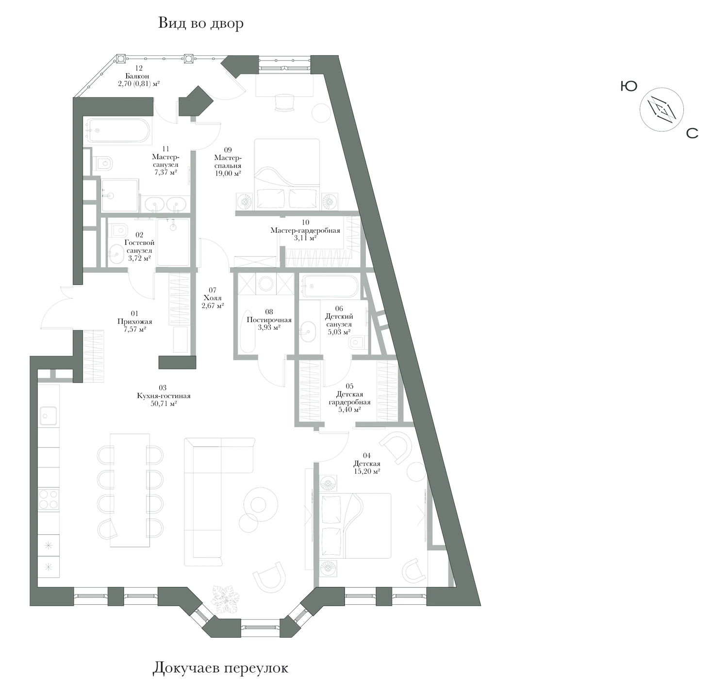 Планировка: резиденция № 4, 124,52 м², 2 спальни, 2 этаж
