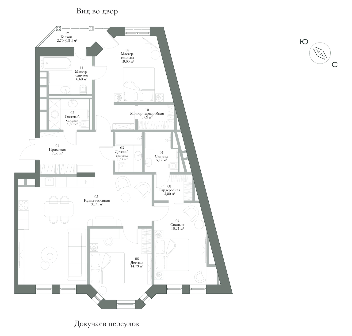 Планировка: резиденция № 4, 124,52 м², 3 спальни, 2 этаж