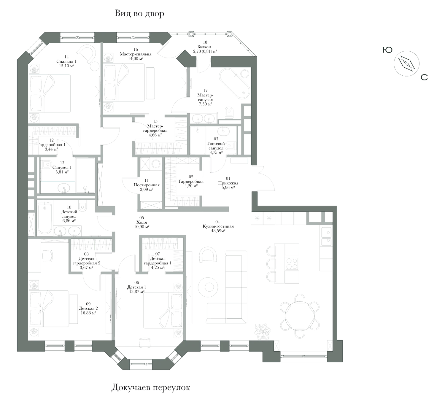 Планировка: резиденция № 5, 173,14 м², 4 спальни, 3 этаж