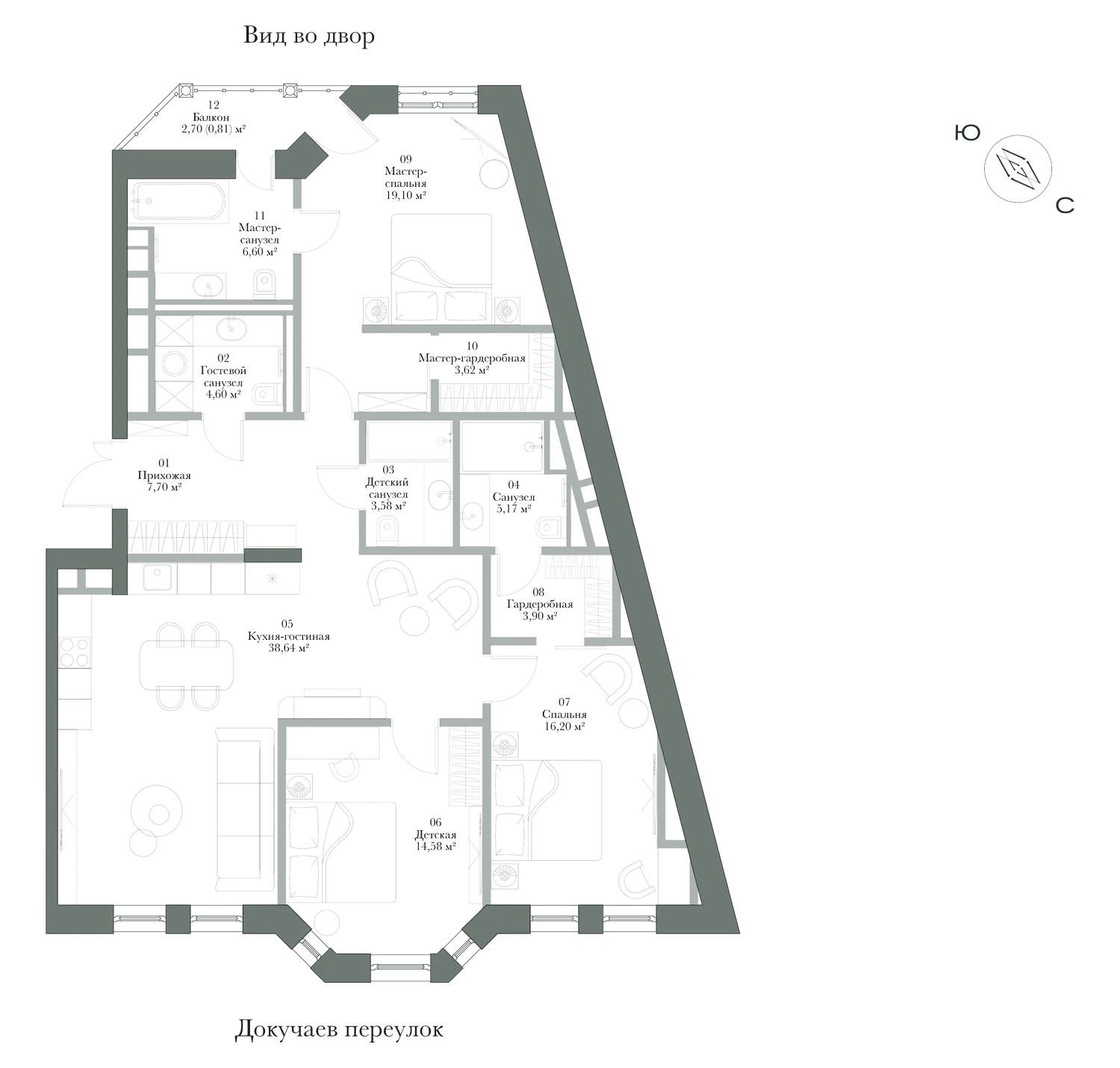Планировка: резиденция № 6, 124,5 м², 3 спальни, 3 этаж